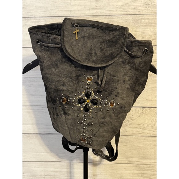 Claire's Boho Rhinestone Cross Backpack Distressed Gray 15" - Picture 2 of 6